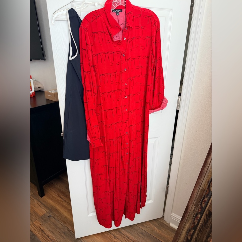 J. Crew Red Bow tie drapey Midi Shirt Dress with Tie Waist 6 - Picture 4 of 8